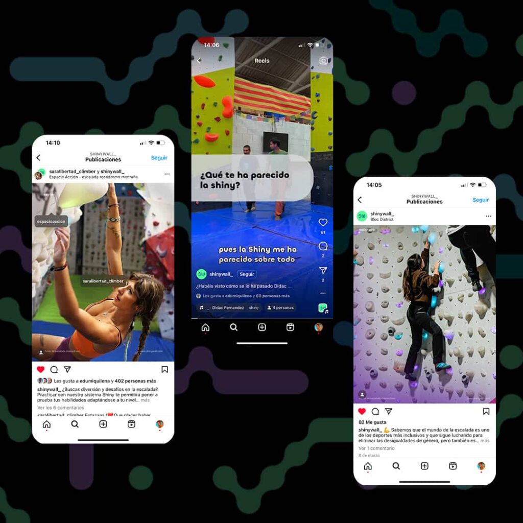 Publicaciones de Instagram de Shiny Wall mostrando escaladores en acciÃƒÂ³n y experiencias en paredes de escalada interactivas.