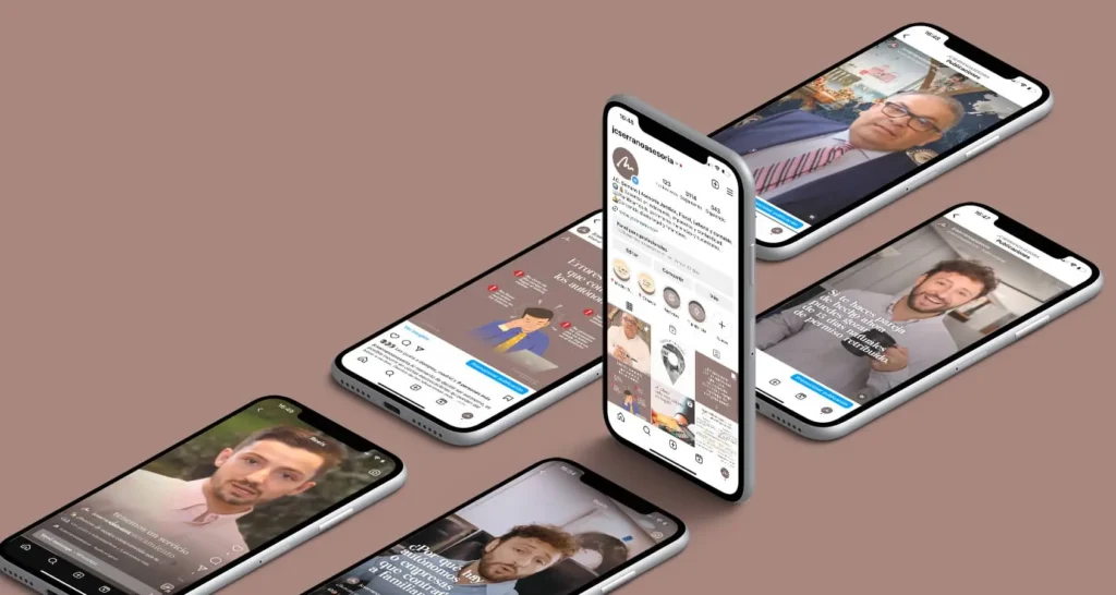 Publicaciones de Instagram de JC Serrano AsesorÃƒÂ­a en varios telÃƒÂ©fonos mÃƒÂ³viles, mostrando consejos legales y contenido informativo.