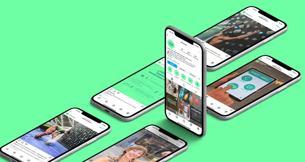 Publicaciones de Instagram de Shiny Wall sobre sus innovaciones en paredes de escalada interactivas, mostradas en varios telÃƒÂ©fonos mÃƒÂ³viles.