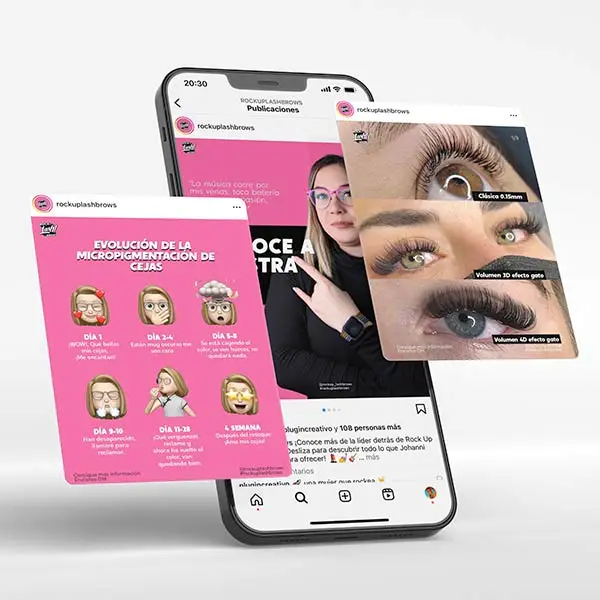 Publicaciones de Instagram de Rock Up Lash & Brows sobre micropigmentaciÃƒÂ³n de cejas y extensiones de pestaÃƒÂ±as, mostradas en un telÃƒÂ©fono mÃƒÂ³vil.