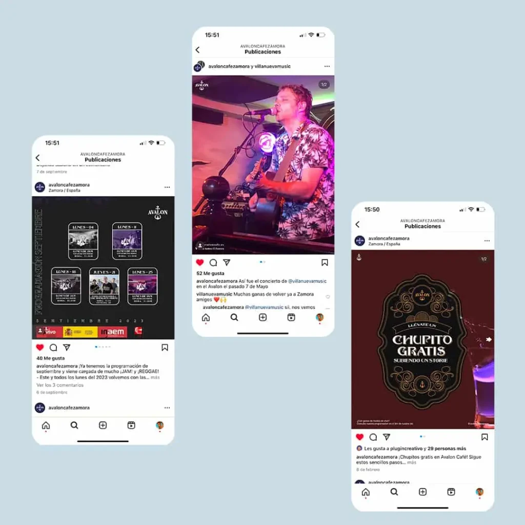 Publicaciones de Instagram de Avalon CafÃƒÂ© Zamora mostrando eventos de conciertos, promociones y calendario mensual.