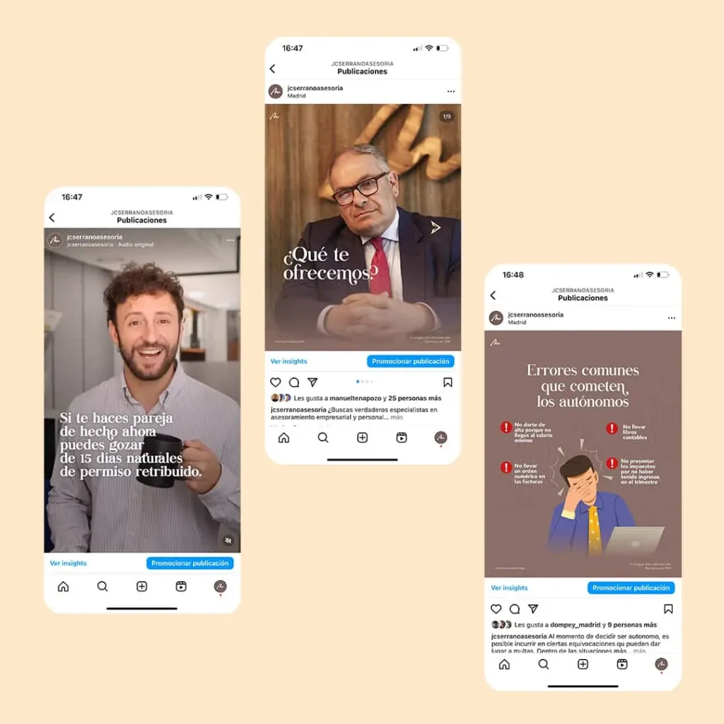 Publicaciones de Instagram de JC Serrano AsesorÃƒÂ­a mostrando consejos legales, servicios y recomendaciones para autÃƒÂ³nomos.