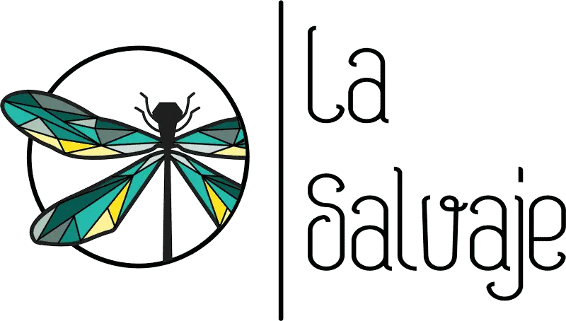 Logo de La Salvaje, una peluquerÃƒÂ­a en Madrid, con una libÃƒÂ©lula estilizada en tonos verdes y amarillos.