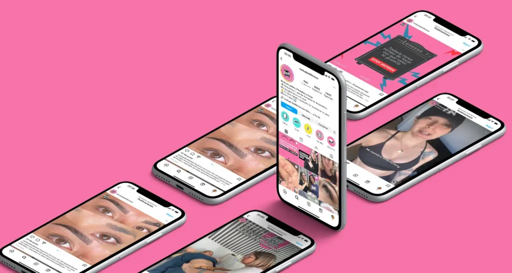 MÃƒÂºltiples telÃƒÂ©fonos mÃƒÂ³viles mostrando el perfil de Instagram de Rock Up Lash & Brows y sus publicaciones sobre tratamientos de cejas y pestaÃƒÂ±as.